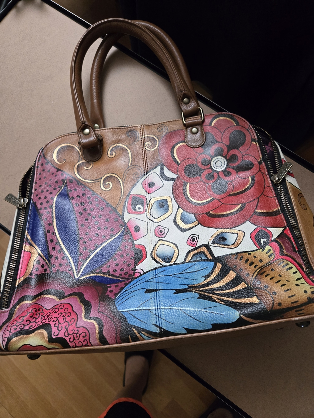 Patricia Nash Multicolor Floral Leather Satchel with Brown Handles